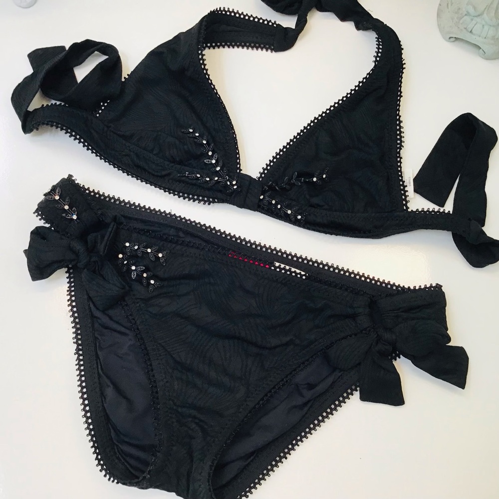 Vtg Betsey Johnson Black Jewel Bikini Set Sz S/M EUC